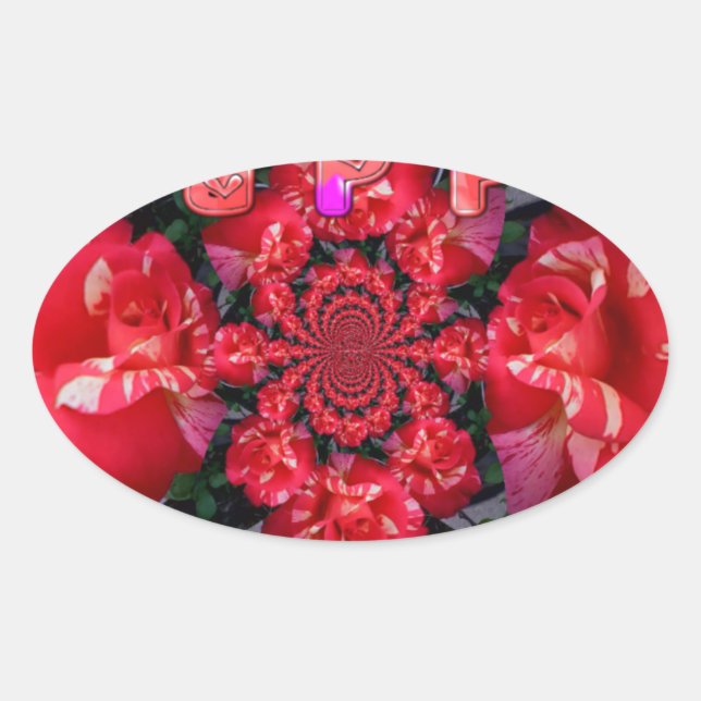 Rote Rosen "Happy Valentine" Kunstdrucken Ovaler Aufkleber (Vorderseite)