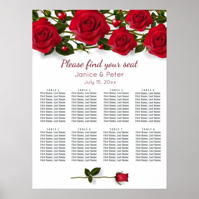 Rote Rosen, Herz Hochzeit 8 Tische Sitzkarte Poster (Vorne)