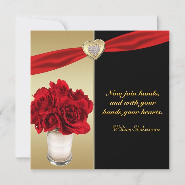 Rote Rosen & Herz, Hochzeit mit Gold und Schwarz Einladung (Vorderseite)