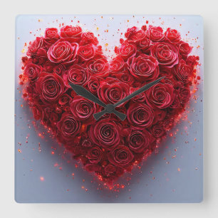 Rote Rosen Herz Quadratische Wanduhr