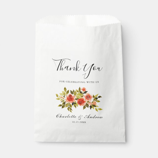 Rote Rosen Hochzeit mit Aquarellblumen Vielen Dank Geschenktütchen (Vorderseite)