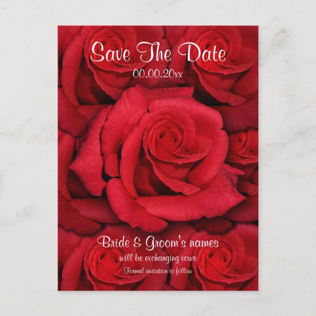 Rote Rosen - Hochzeit speichern Sie das Datum der  Ankündigungspostkarte (Vorderseite)