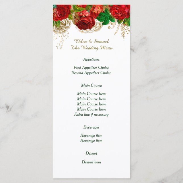 Rote Rosen-Hochzeitmenü Menükarte (Vorderseite)