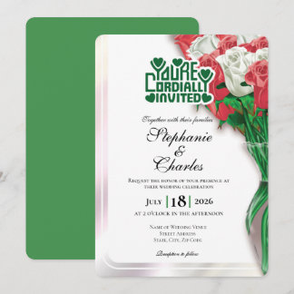 Rote Rosen Hochzeits-Einladung - Grüne Schrift 4 Einladung