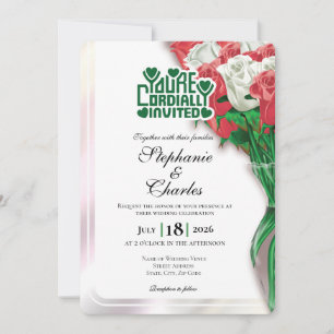 Rote Rosen Hochzeits-Einladung - Grüne Schrift 4 Einladung