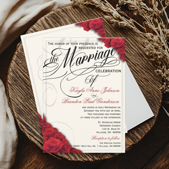 Rote Rosen Hochzeitseinladung Einladung (Red Roses Classically Beautiful Script Wedding Invitation )
