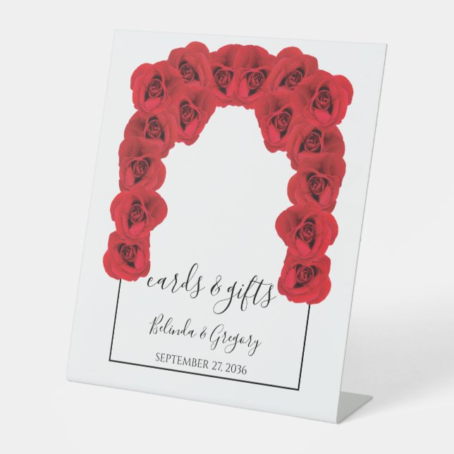Rote Rosen Hochzeitskarten und Geschenke Sockelschild (Vorderseite)