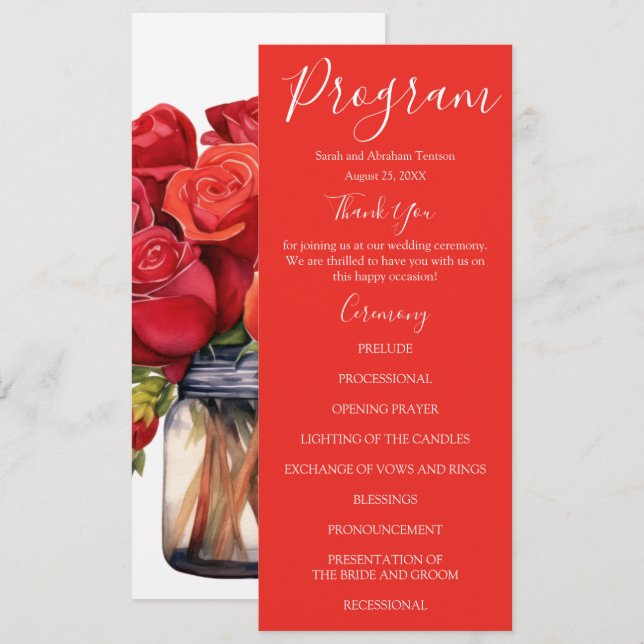 Rote Rosen Hochzeitsprogramme Menükarte (Vorne/Hinten)