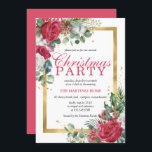 Rote Rosen Holly Berry Rustic Chic Weihnachts-Part Einladung<br><div class="desc">Weihnachts-Party ist in einer hübschen roten Schriftzeichen-Kombination geschrieben, und das Party-Lokal ist im selben Rot. Der Rest des Textes ist ein klassischer schwarzer Kursivdruck-Schriftart. Die Feiertagsdetails sind von einem breiten Goldrahmen umgeben. Es ist mit sanften rote Rosen und kräftigen weißen Rosen dekoriert. Holly Blätter und Beeren und Eukalyptuszweige umgeben sie....</div>
