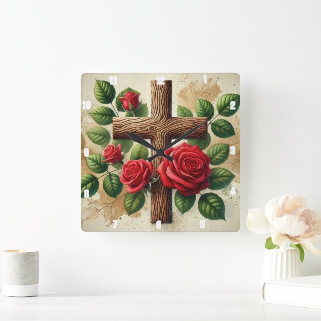 Rote Rosen Holzkreuz Quadratische Wanduhr (Zuhause)