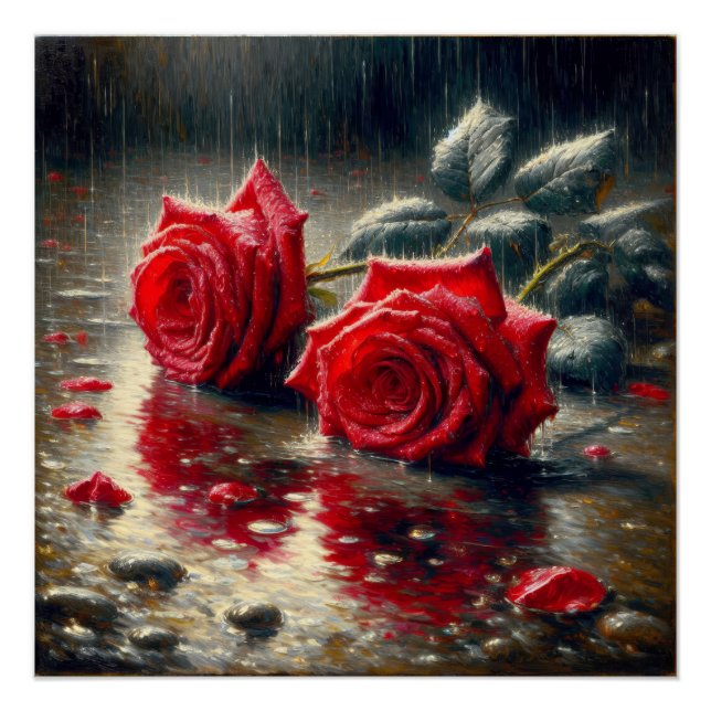 Rote Rosen im Regen Poster (Vorderseite)