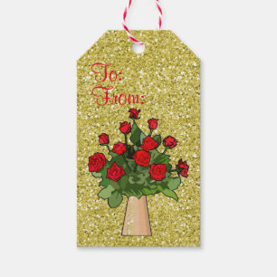 Rote Rosen im Vase Gold Imitate Glitzer Geschenkanhänger