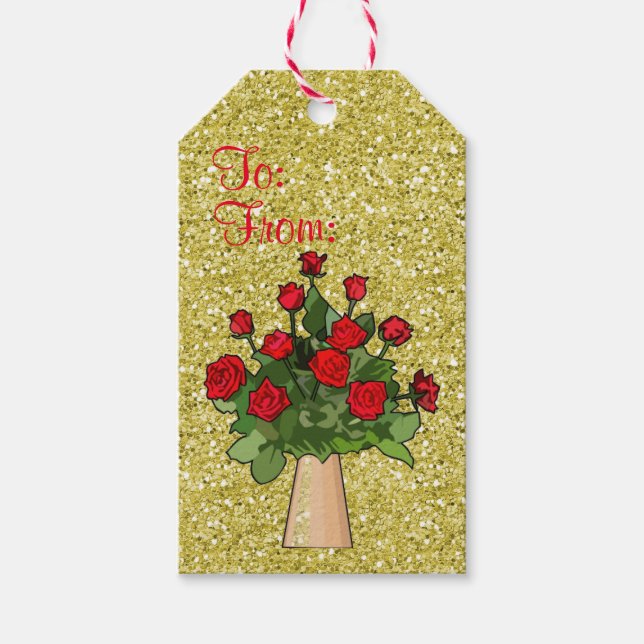 Rote Rosen im Vase Gold Imitate Glitzer Geschenkanhänger (Vorderseite)
