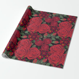 rote Rosen in Aquarellfarbe auf Schwarz, Geschenkpapier