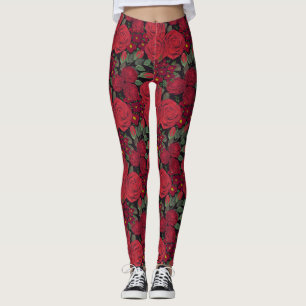 rote Rosen in Aquarellfarbe auf Schwarz, Leggings