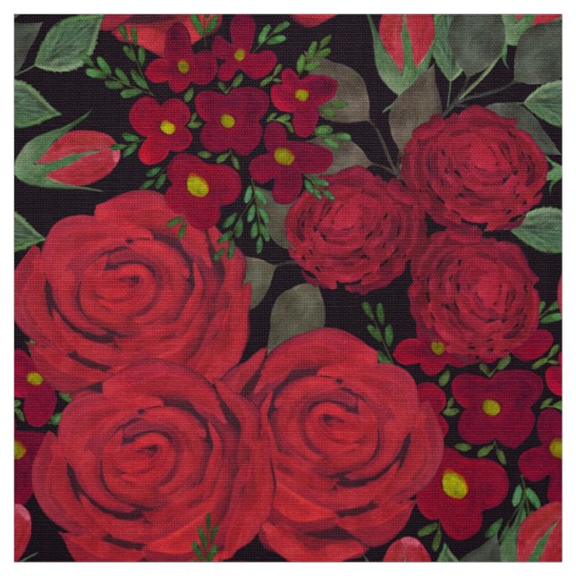 rote Rosen in Aquarellfarbe auf Schwarz, Stoff (Muster)