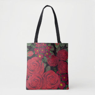rote Rosen in Aquarellfarbe auf Schwarz, Tasche