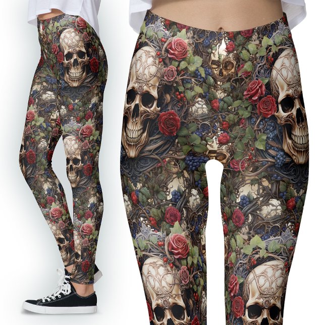 Rote Rosen Keltische Schädel Grüne Blätter Natur Leggings (Von Creator hochgeladen)
