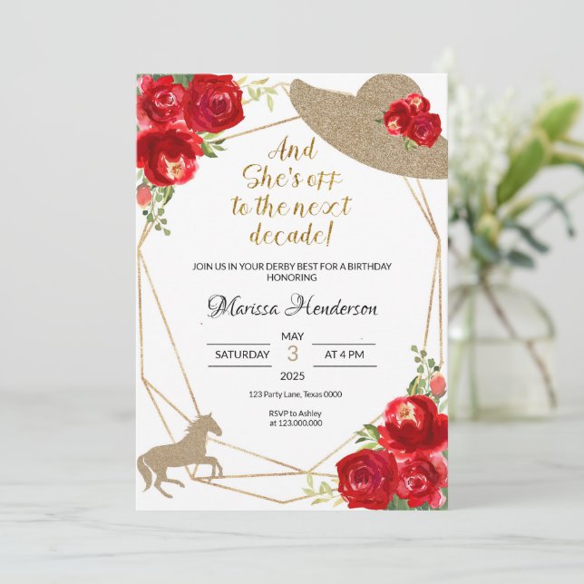 Rote Rosen Kentucky Derby Birthday Einladung (Stehend Vorderseite)