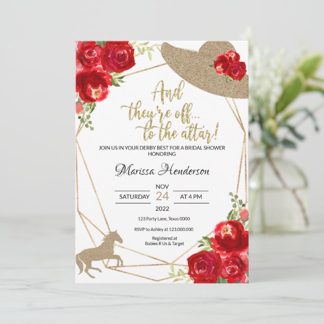 Rote Rosen Kentucky Derby Brautparty Einladung (Stehend Vorderseite)