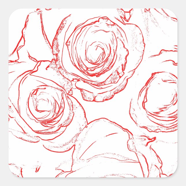 Rote Rosen Konturen Quadratischer Aufkleber (Vorderseite)