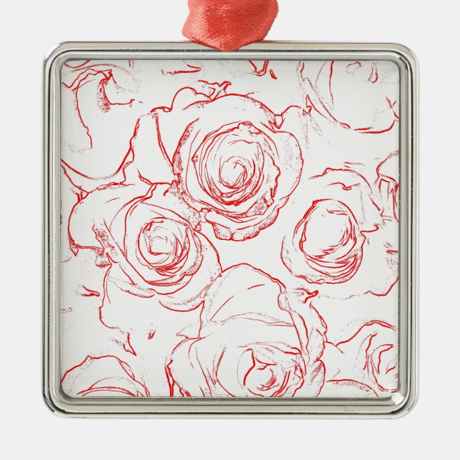 Rote Rosen Konturen Silbernes Ornament (Vorne)