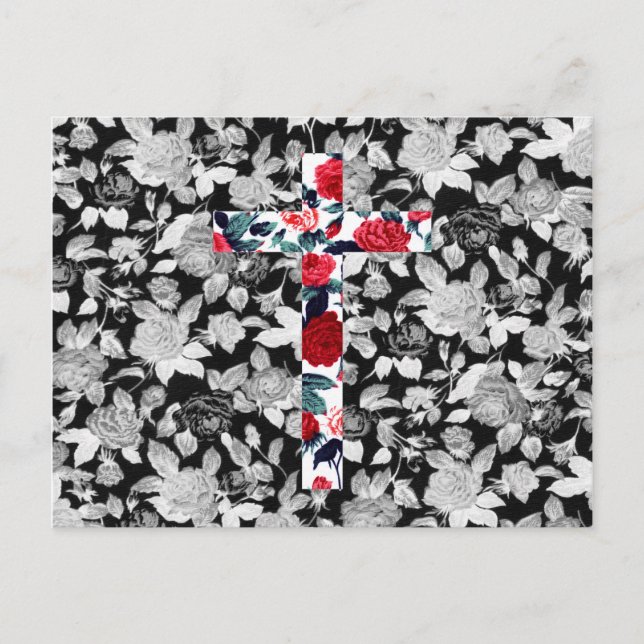 Rote Rosen Kreuz-, Schwarz- und Weißblumenmuster Postkarte (Vorderseite)
