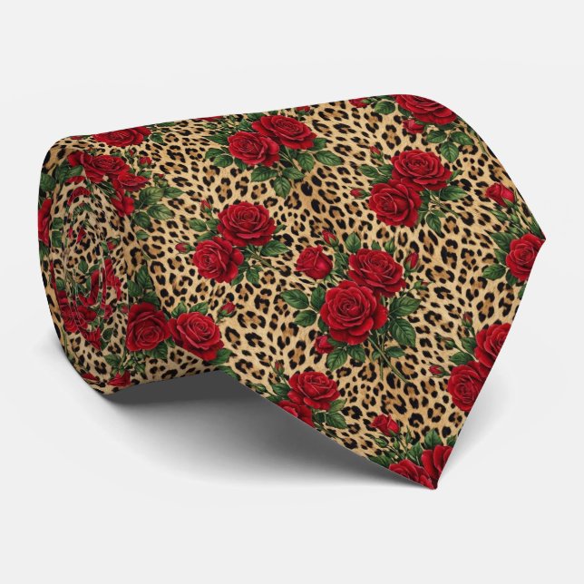 Rote Rosen Leopardenmuster  Krawatte (Gerollt)