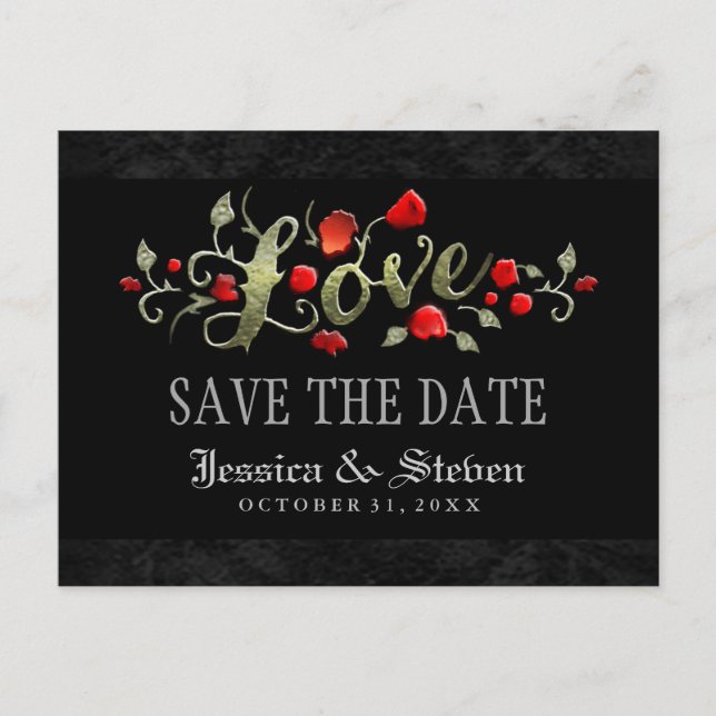 Rote Rosen LIEBE Halloween Hochzeit Save the Date Ankündigungspostkarte (Vorderseite)