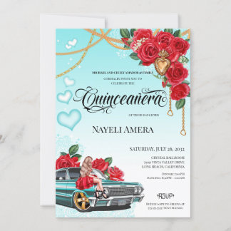 Rote Rosen Lowrider Chola Sacred Heart Quinceanera Einladung