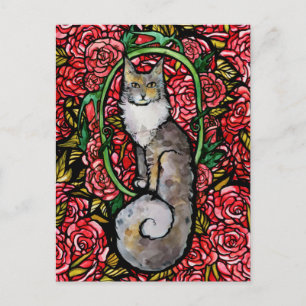 Rote Rosen Maine Coon Kitty Katze Kunst Rosengarte Postkarte