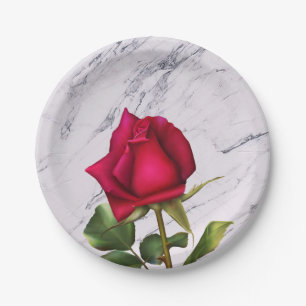 Rote Rosen Marmor Moderne Glamouröse Hochzeits-Par Pappteller