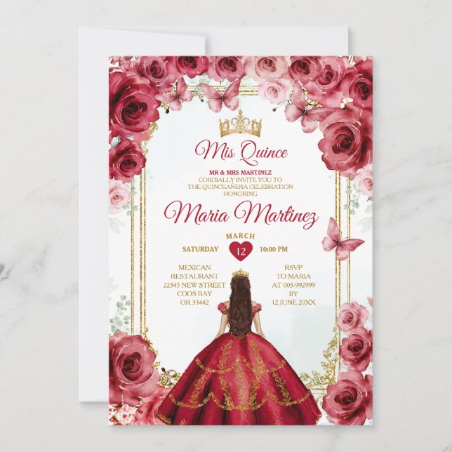 Rote Rosen Mexikanische Prinzessin Quiñceanera Einladung (Vorderseite)