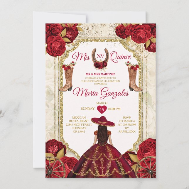Rote Rosen Mis Quince 15 Anos Gold Crown Glitzer Einladung (Vorderseite)