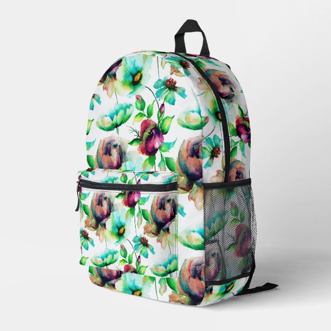 Rote Rosen mit farbenfrohen Wasserfarben Nahtloses Bedruckter Rucksack (Rückseitige Ecke Rechts)