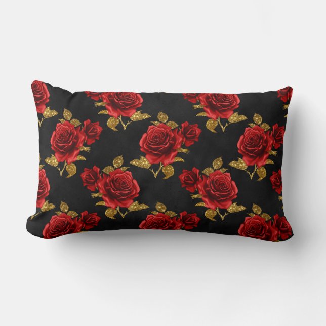 Rote Rosen mit Gold-Blätter Lendenkissen (Vorderseite)
