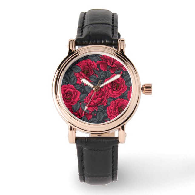 Rote Rosen mit grauen Blätter auf schwarz Armbanduhr (Vorderseite)