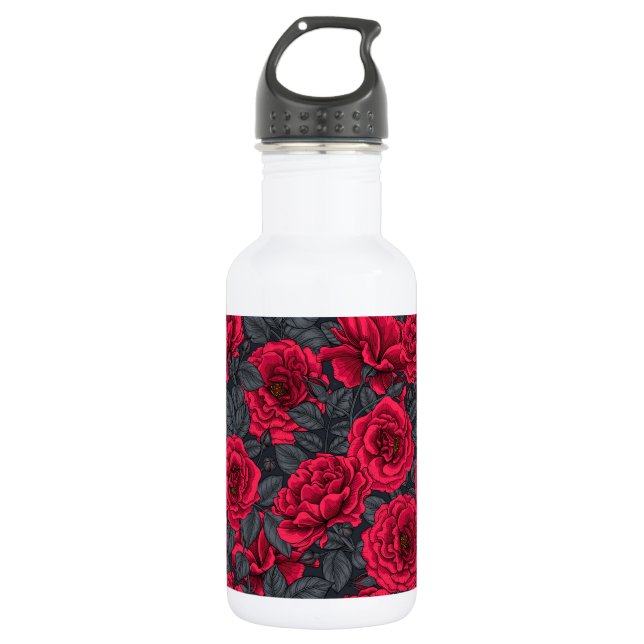 Rote Rosen mit grauen Blätter auf schwarz Edelstahlflasche (Vorderseite)