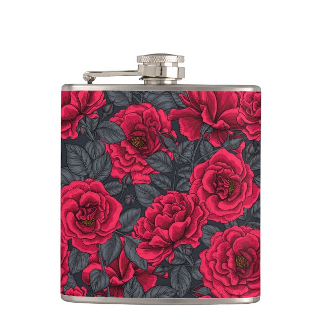 Rote Rosen mit grauen Blätter auf schwarz Flachmann (Vorderseite)