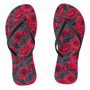 Rote Rosen mit grauen Blätter auf schwarz Flip Flops