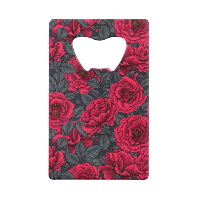Rote Rosen mit grauen Blätter auf schwarz Geldbeutel Flaschenöffner (Vorderseite)