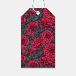 Rote Rosen mit grauen Blätter auf schwarz Geschenkanhänger