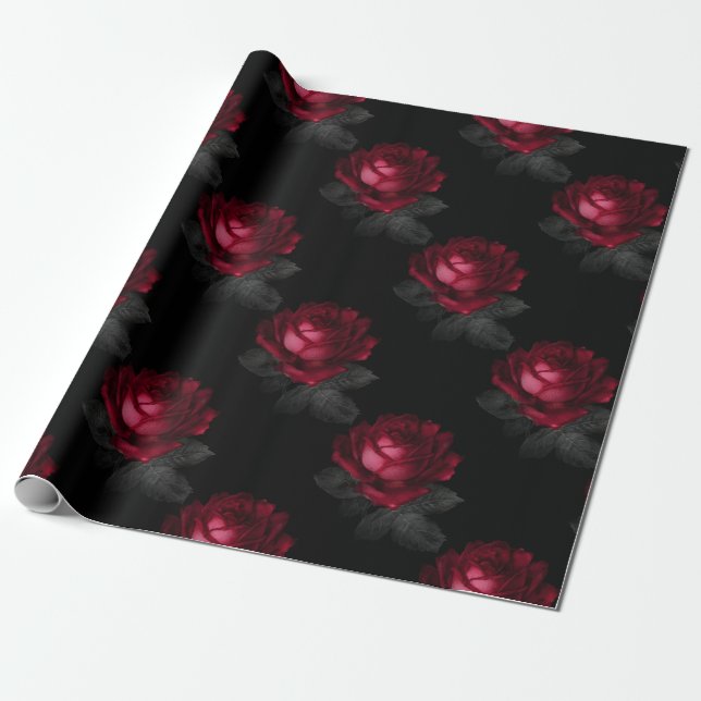 Rote Rosen mit grauen Blätter auf Schwarz Geschenkpapier (Ungerollt)
