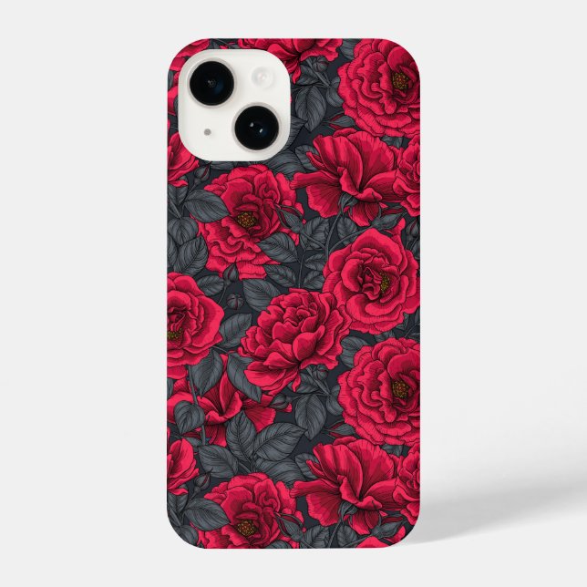 Rote Rosen mit grauen Blätter auf schwarz iPhone 14 Hülle (Rückseite)