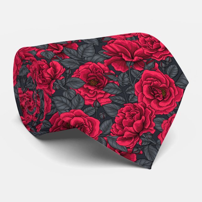 Rote Rosen mit grauen Blätter auf schwarz Krawatte (Gerollt)