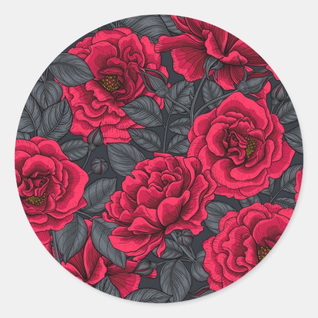 Rote Rosen mit grauen Blätter auf schwarz Runder Aufkleber (Vorderseite)