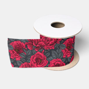 Rote Rosen mit grauen Blätter auf schwarz Satinband