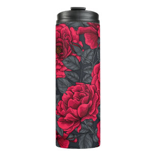 Rote Rosen mit grauen Blätter auf schwarz Thermosbecher