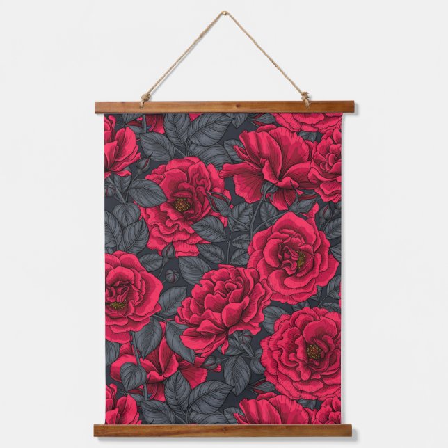 Rote Rosen mit grauen Blätter Wandteppich Mit Holzrahmen (Vorderseite)