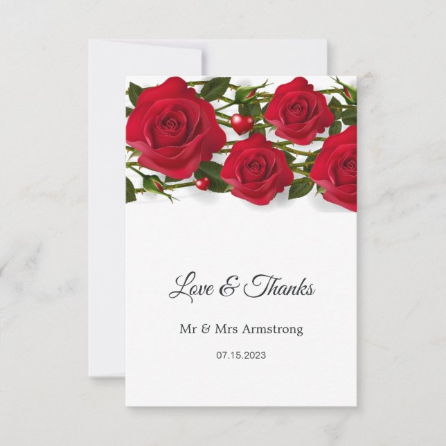Rote Rosen mit Herz Hochzeit Vielen Dank Dankeskarte (Vorderseite)